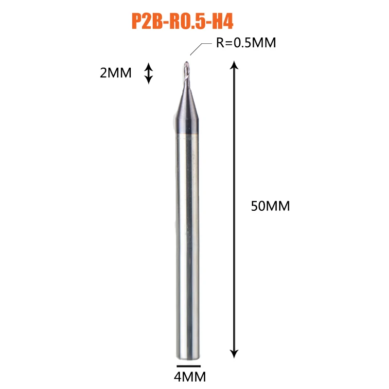 1PC-P2B-R0.5-H4 1 шт. торцевая фреза с шариковым концом 2 флейты R0.5-R6.0 фрезерный станок с ЧПУ для обработки металлических граней и пазов hrc50 концевые фрезы с покрытием - Длина режущей кромки: 1PC-P2B-R0.5-H4