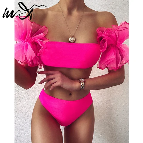 In-X Mesh ruffle swimsuit female Sexy bandeau bikini 2021 Strapless swimwear women High waist bikini set Black pink bathing suit