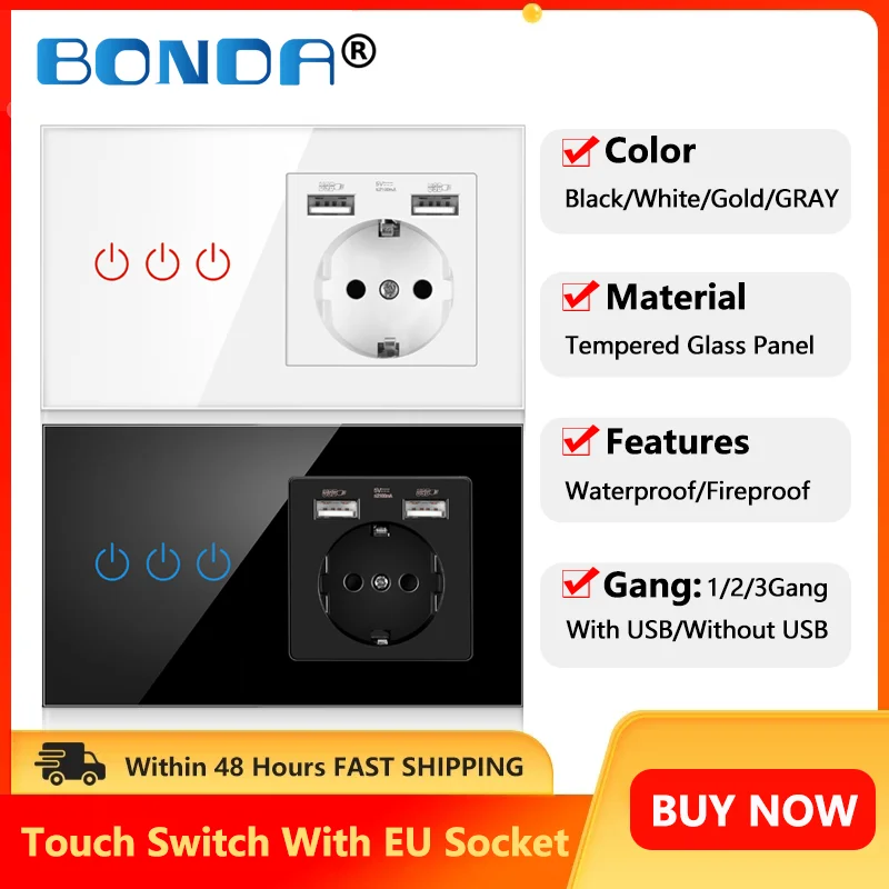 

BONDA Light Touch Switch Sensor With EU Usb Wall Socket 1/2/3Gang 1Way Crystal Panel LED Electrical Sockets And Switches 220