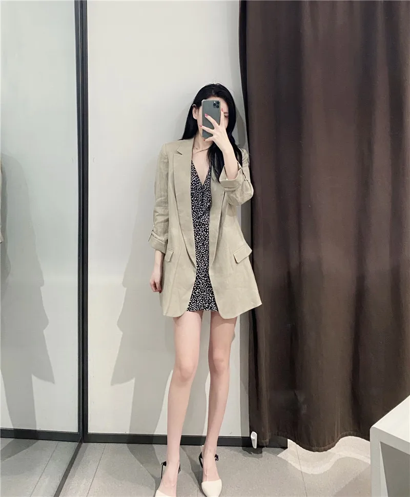 Women's suit jacket summer new style fashion solid color temperament linen sleeves can be rolled casual wild suit jacket
