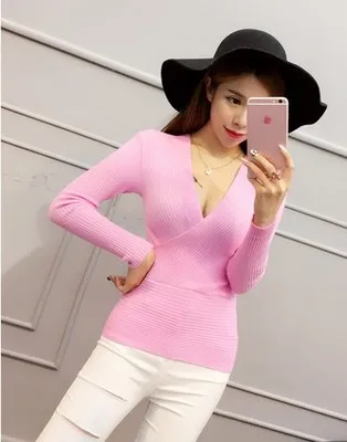 2019 New spring fashion Women sexy deep v-neck long sleeve thread knitted tunic bodycon sweater tops solid color | Женская одежда