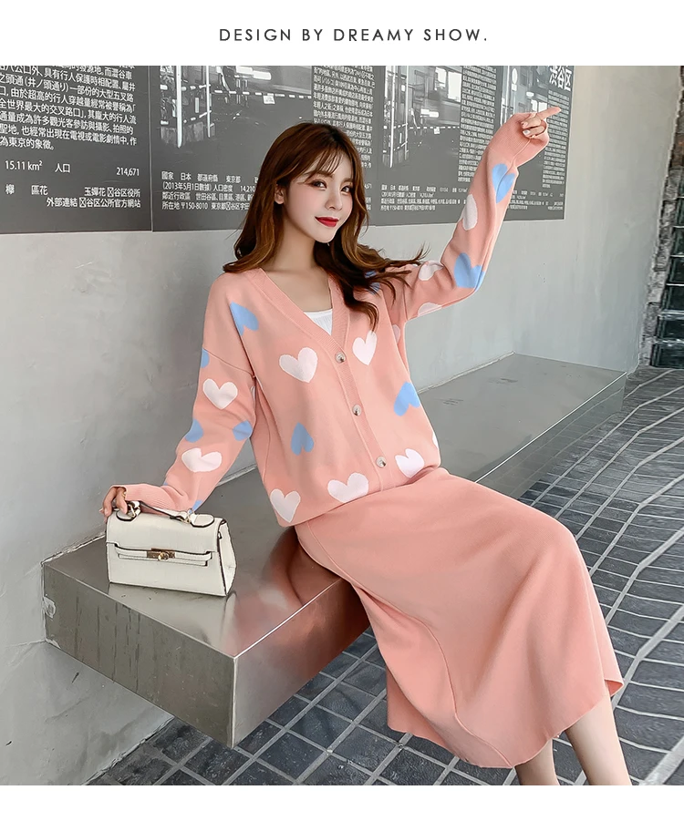 Autumn Winter Women Elegant Love Heart Knitted Cardigan Sweater+High Waist A-Line Skirt 2 Piece Set Loose Knitted Midi Dress Set