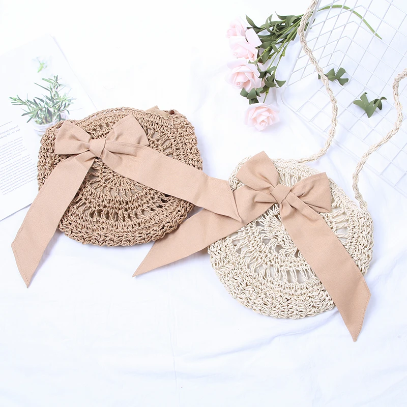 

Handmade Bowknot Straw Bag Soft Woven Hollow Shoulder Bags Knitting Crossbody Bags Summer Beach Female Circle Tassel Handbags