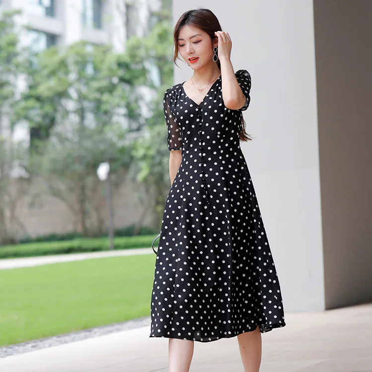 

Floral Chiffon dress women's 2021 summer dress new V-neck sexy thin short sleeve print small a skirt medium length