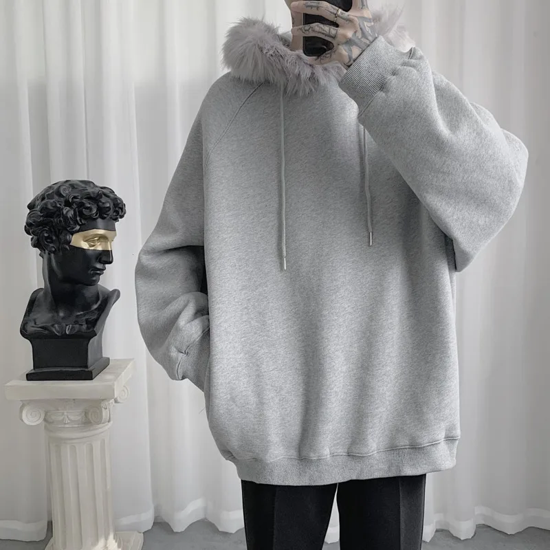 

Winter Plus Fleece Hoodies Men Warm Fashion Fur Collar Hooded Sweatshirt Men Streetwear Wild Hip-hop Pullover Hoodie Mens Hoody