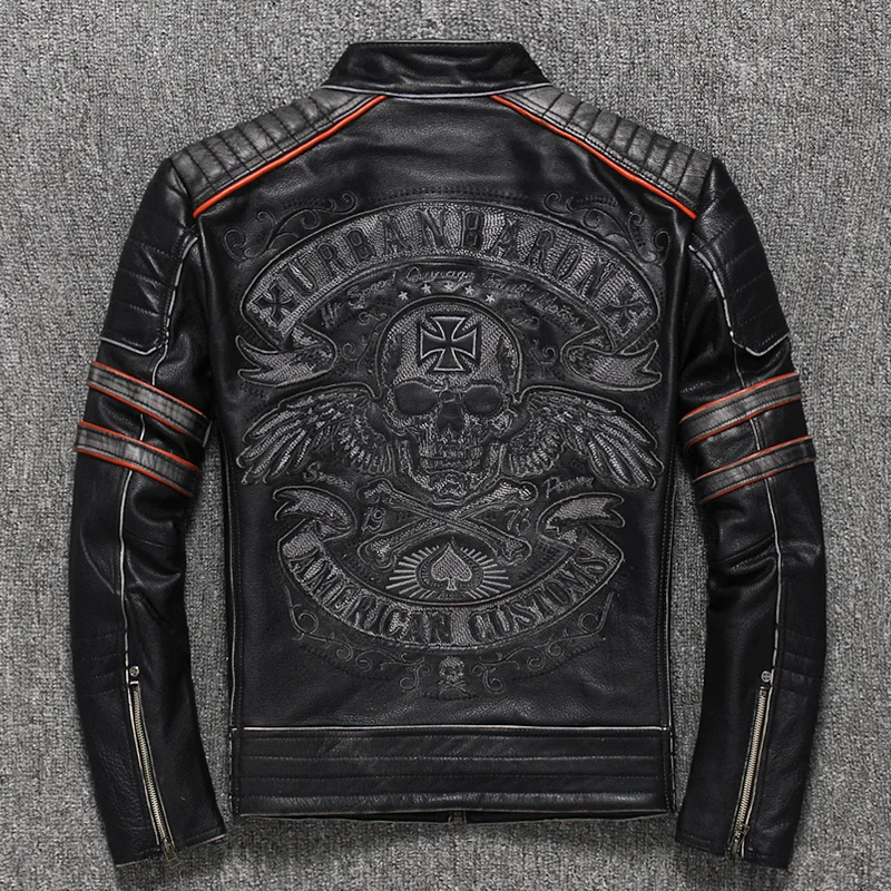 

Мужская приталенная мотоциклетная кожаная куртка, черная винтажная байкерская куртка из натуральной воловьей кожи с вышивкой черепа, моде...