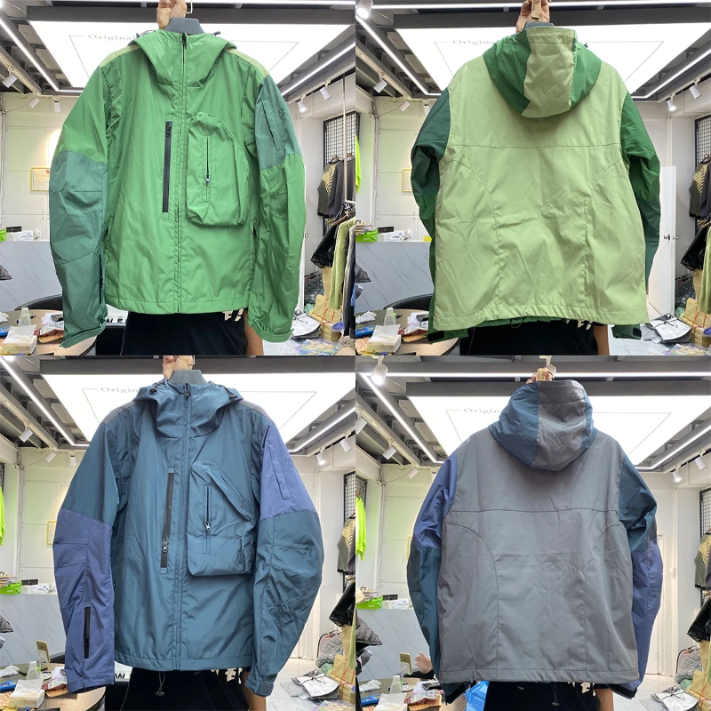 

Green Blue Multi-pocket Nylon Jacket Patchwork Windproof Hoodie Men Women High Quality Unisex Spring Waterproof Down Coat Zipper