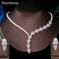 threegraces delicate cubic zirconia pave women wedding leaf simulated pearl big necklace and earrings bridal jewelry sets tz540