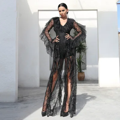 Sexy Deep V Ruffles Long Sleeve Female Elegant High Split See Through Jumpsuit | Женская одежда
