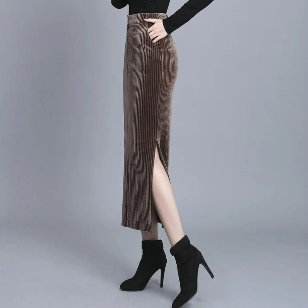 Женская длинная Вельветовая юбка винтажная Сексуальная облегающая до щиколотки
