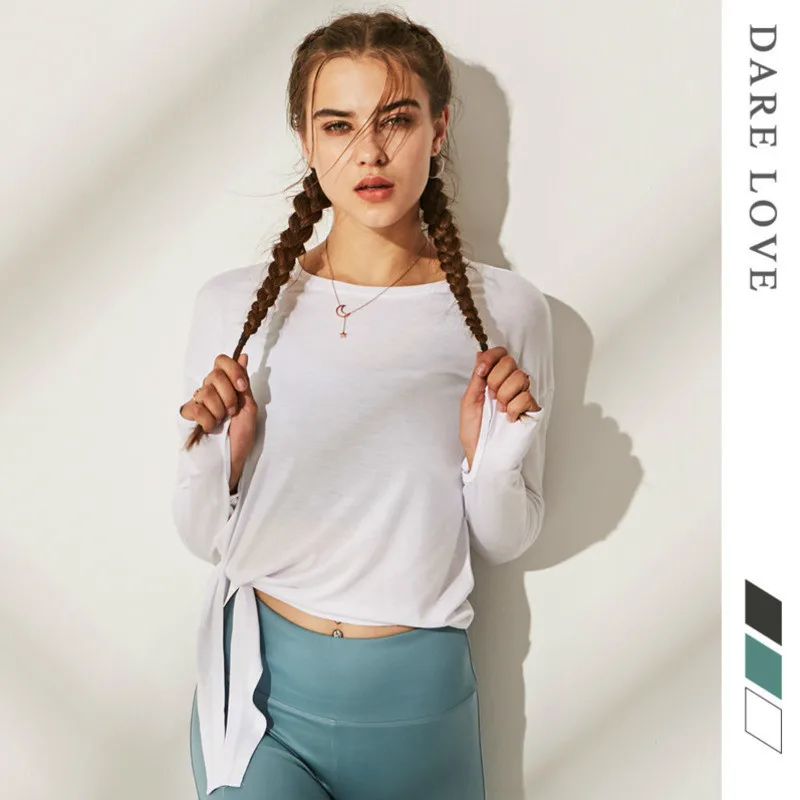 Белый длинный рукав женщины футболка Фитнес Женская Спортивная одежда на