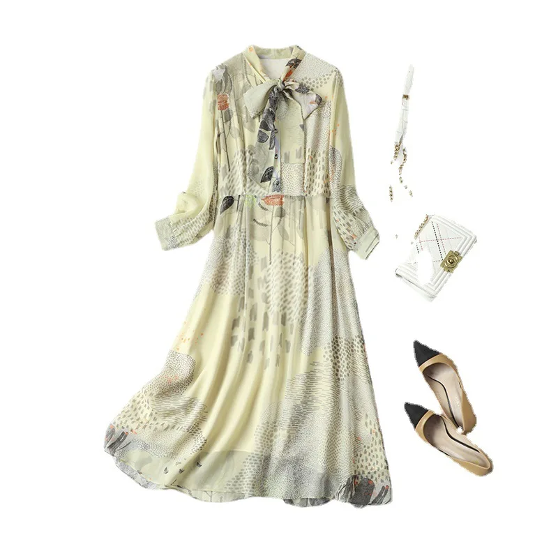 

100% Mulberry Silk Dress 2021 Summer New Women's Wear Bow Collar Natural Silk Printing Dress