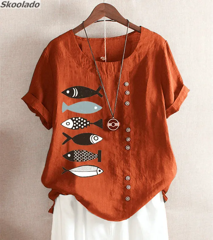 Блузка женская летняя из хлопка и льна с круглым вырезом коротким рукавом |