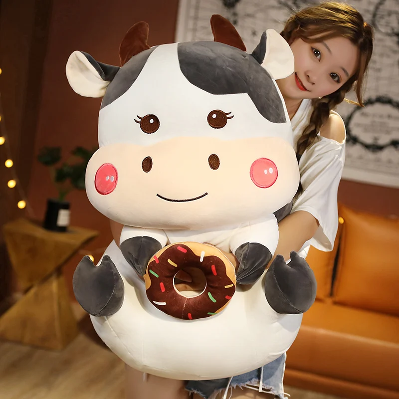 

25-55CM New Creative Fat Cow With Doughnut Plush Toy Pillow Stuffed Soft Plushie Animal Home Decor For Girls Kids Birthday Gifts