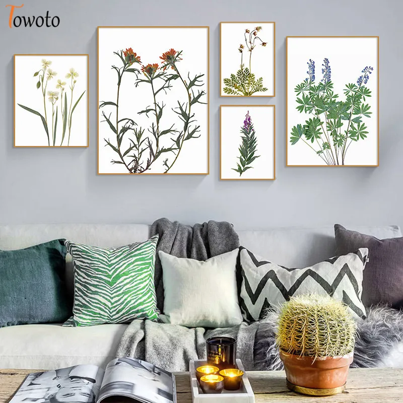 Растительный принт Постер диких цветов трава растения холст живопись пастельный