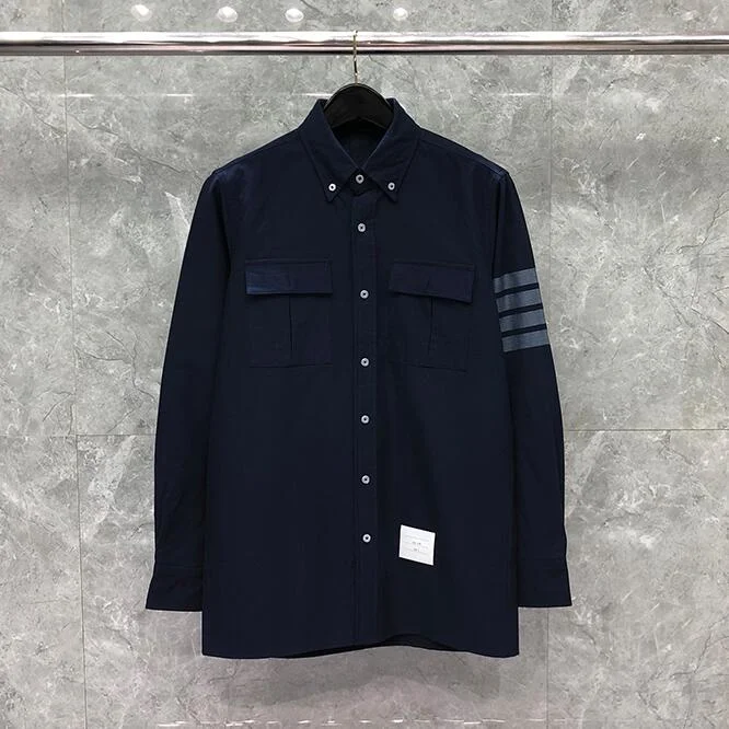 

Мужская Повседневная рубашка Thom, синяя свободная рубашка с длинными рукавами, отложным воротником, в полоску Оксфорд, 2021 ТБ