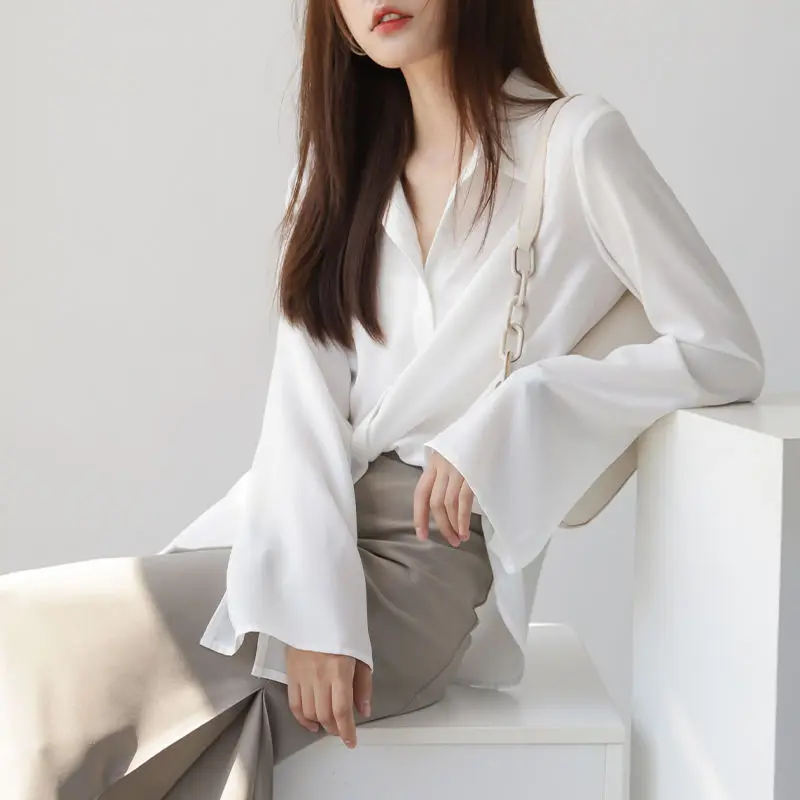 

2021 Spring Dress New Design Sense Minor Professional Chiffon Shirt Women's Long Sleeve Loose Top Horn Sleeve White Shirt
