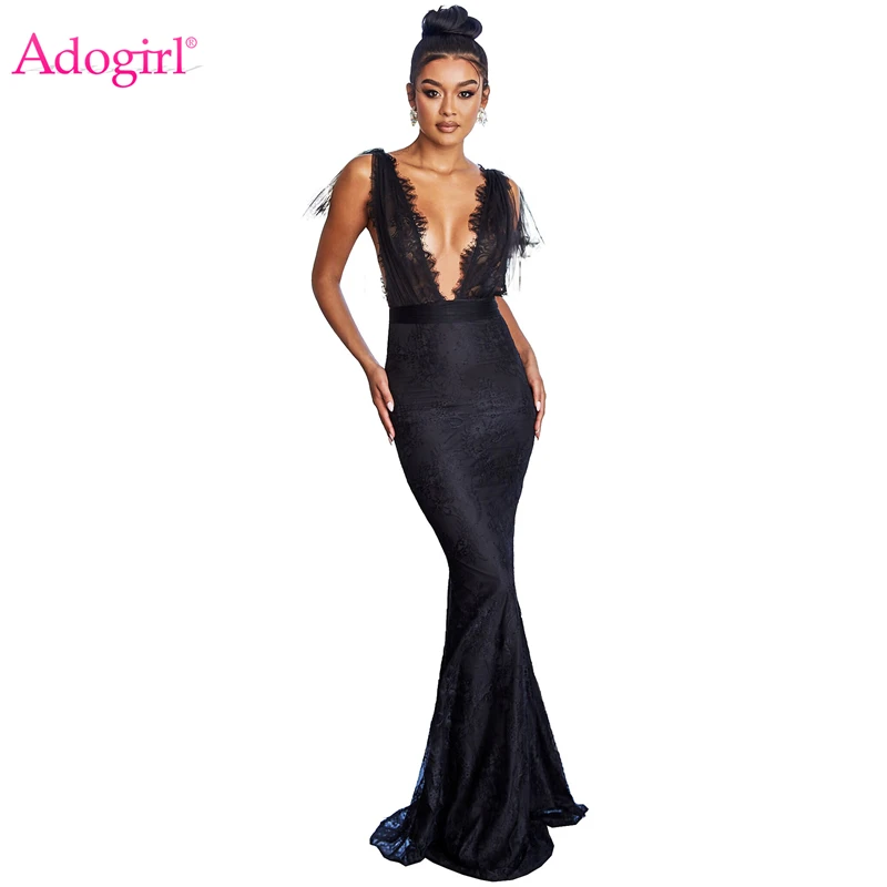 Adogirl черное белое с глубоким v образным вырезом кружевное платье русалки оборками