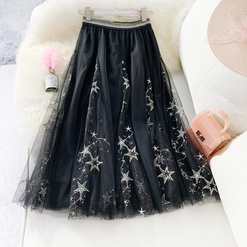 

Embroidered Sequins Skirts Womens 3 layers Mesh Gauze Skirt Sweet Ladies Tulle Long Skirt Stars Sky Fairy Skirts