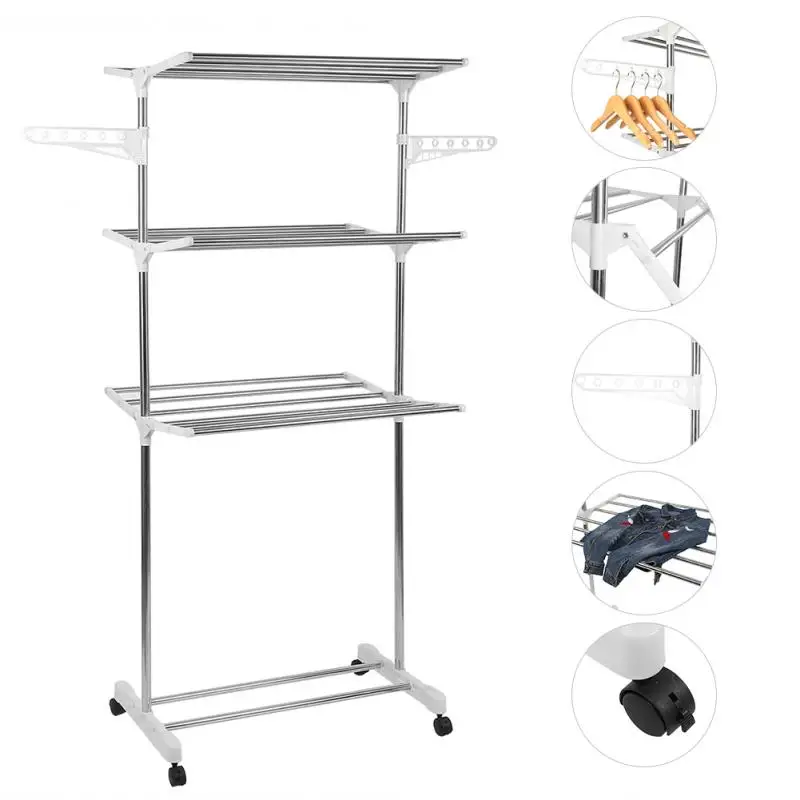 

Clothes Hanger 3 Tier Stainless Steel Clothing Storage Racks Folding Suspension Wing Adjustable Wardrobe Laundry Drying Rack HWC
