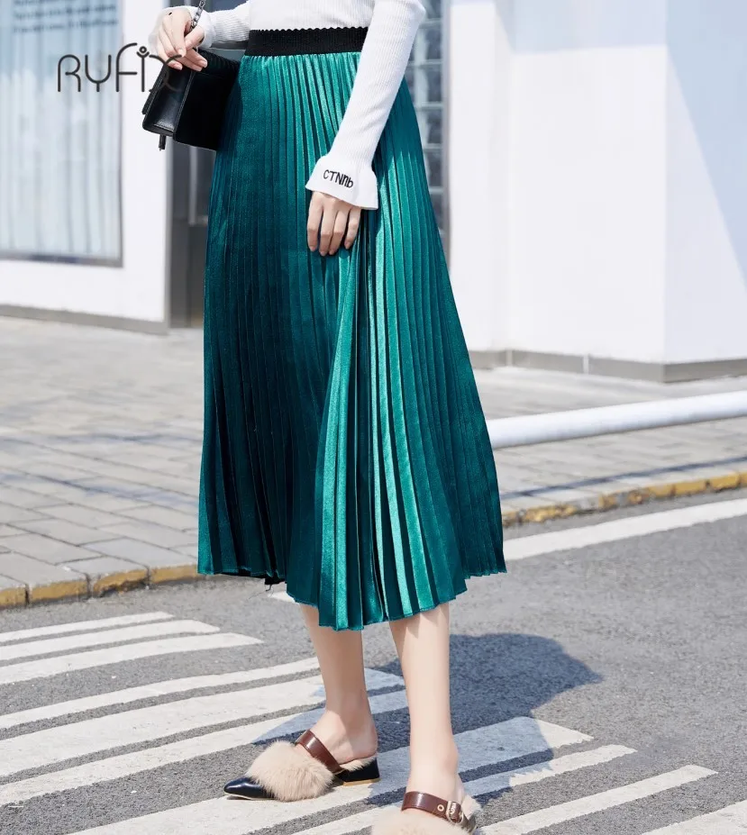 Женская бархатная юбка с завышенной талией черная плиссированная обтягивающая