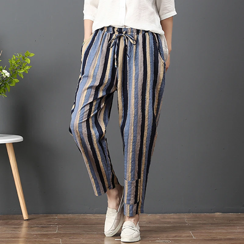 Women Cotton Linen Pant 2020 Fashion Summer Trousers Ankle-Length Elastic Waist Loose Vintage Ladies Striped Harem Pants