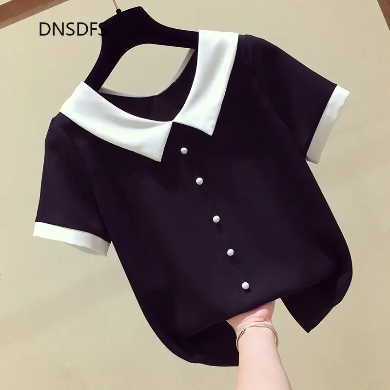 

Women's Tops Casual Short Sleeve Shirt Red Black Chiffon Blouse 2021 Summer Shirts New Peter Pan Collar Buttons Top Blusas Mujer