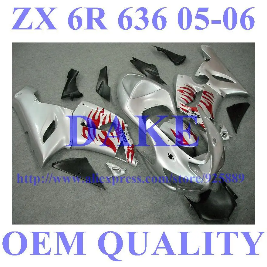 

Red Flame Silver Fairing Kit FOR KAWASAKI NINJA ZX 6R 636 05 06 ZX-6R DAKE ZX6R 2005 2006 ZX 6R 05 06 Fairings ZY008