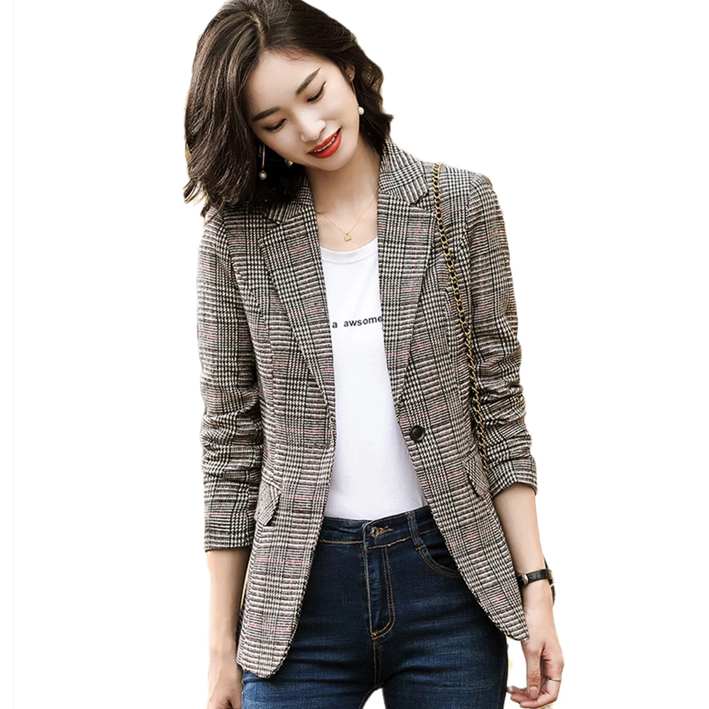 

Elegant Ladies Plaid Blazer Women Outerwear Autumn Winter Coat Female Brown Gray Jacket Women Plus Size Luxury Tweed Blazer