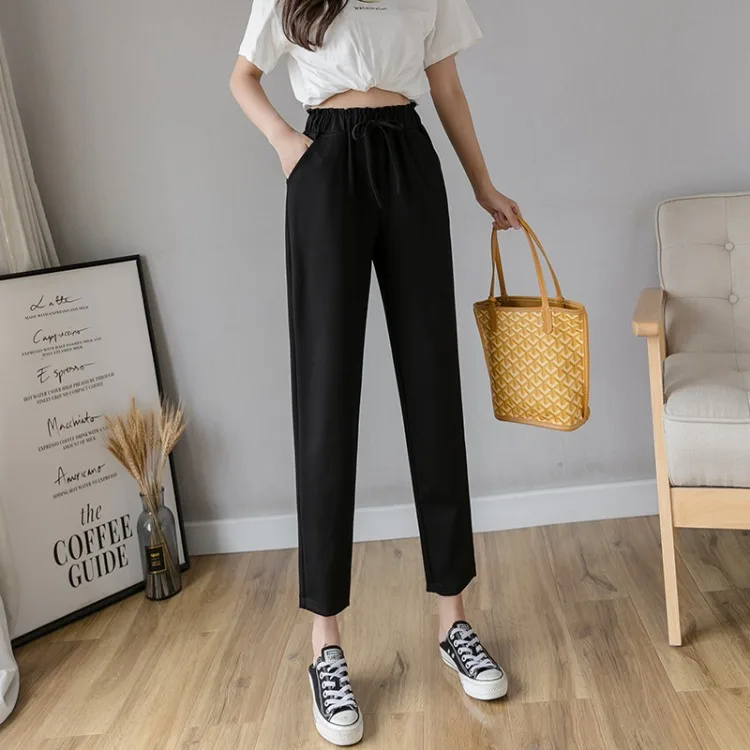 

New Spring Autumn Lace-up Casual Ankle-length Pants Women's Elegant Straight Pants Harem Pants Capris High Waist Loose Trousers