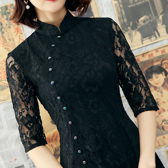 Черный Cheongsam Qipao платье длинные для банкета ужин вечерние халат вечернее Винтаж
