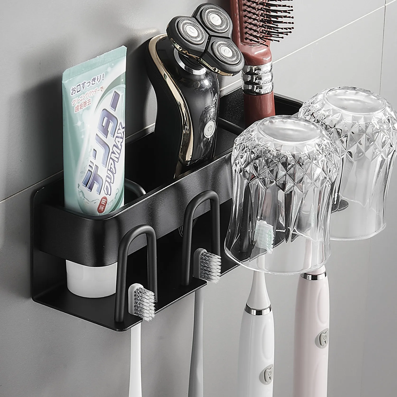 

Wall Mounted Toothbrush Holder Bathroom Aluminium Alloy Storage Rack Punch-Free Mouthwash Cup Holder Electronic Toothpaste Rack