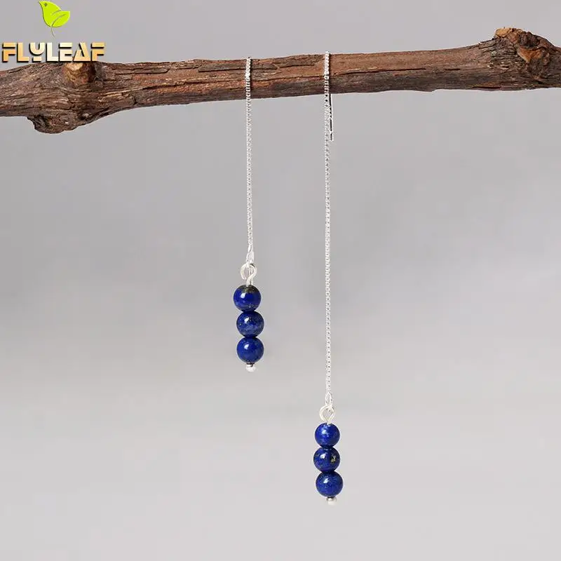 

Flyleaf Natural Garnet Lapis Lazuli Turquoise Bead Long Earings For Women Real 925 Sterling Silver Drop Earrings Fine Jewelry