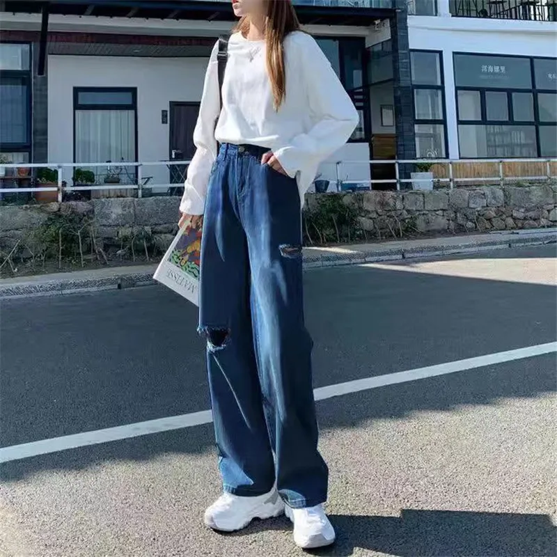 

Women Ripped Jeans 2021 Summer High Waist Loose Causal Vintage Denim Pants Plus Size Streetwear Jeans