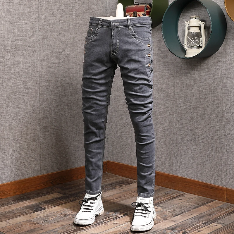 Spring Autumn Newly Fashion Men Jeans Retro Dark Gray Slim Fit Casual Elastic Jeans For Men Korean Style Punk Denim Pencil Pants