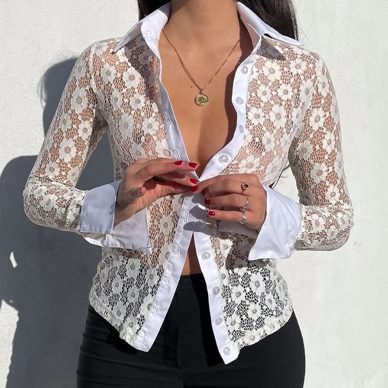 

Traf Women Lace Long Sleeve Shirt Sexy crop top Cardigan Blouse xnwmnz tunics y2k kpytomoa tuniki White Casual Clothes Tops