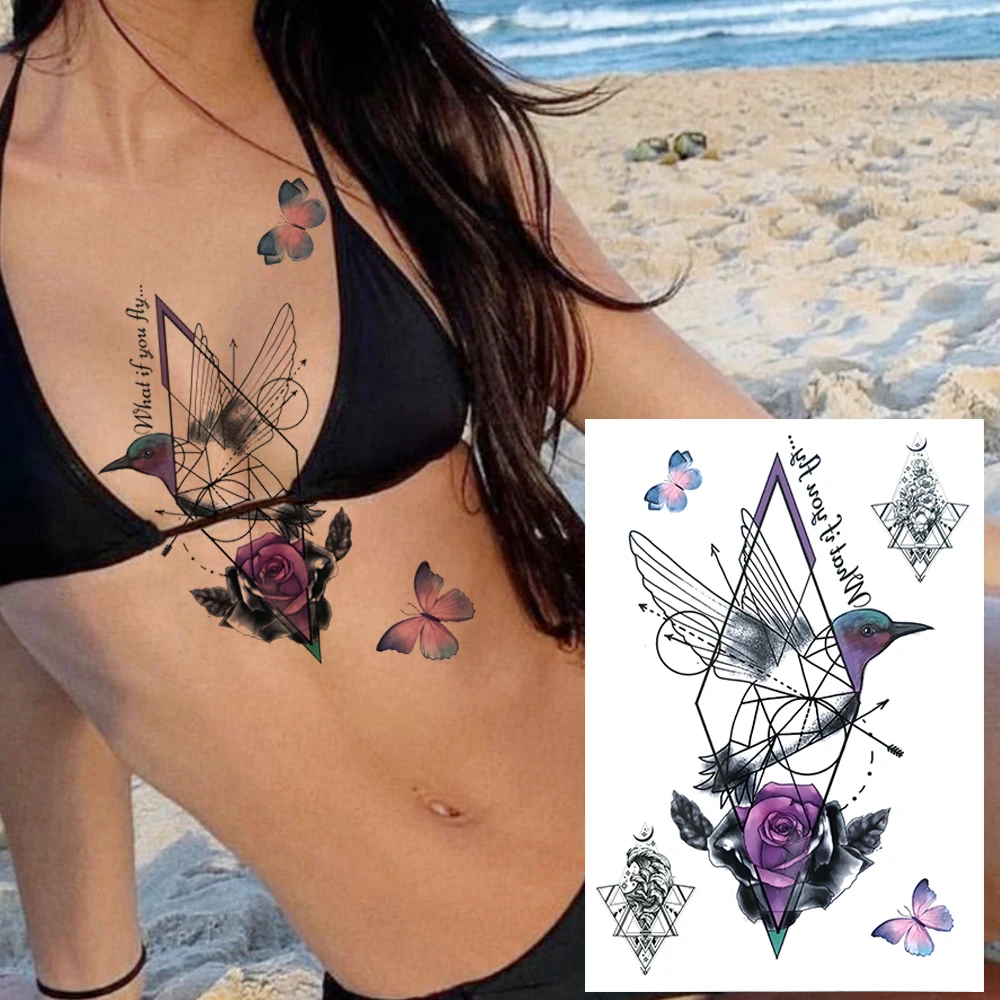 

3D Black Flower Temporary Tattoos For Women Girls Adult Rose Peony Moon Wolf Reindeer Fake Tattoo Sticker Chest Art Tattos Paste