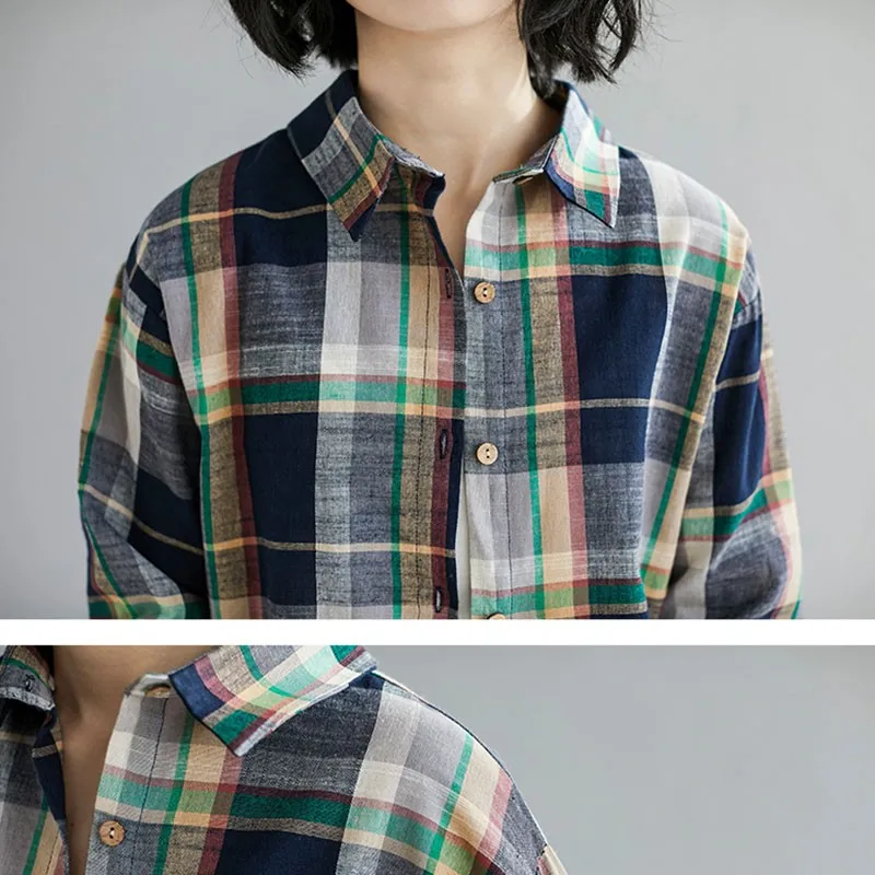 

Oversized Women Cotton Linen Casual Shirt New Arrival 2021 Spring Korean Style Vintage Plaid Loose Female Long Sleeve Tops S3130