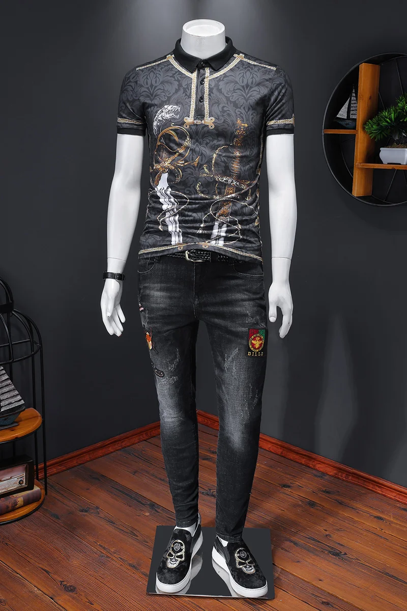 Mannen Kleding Camiseta Verano Hombre 2020 Summer Printed Short-sleeved Polo Shirt Fashionable Lapel | Мужская одежда