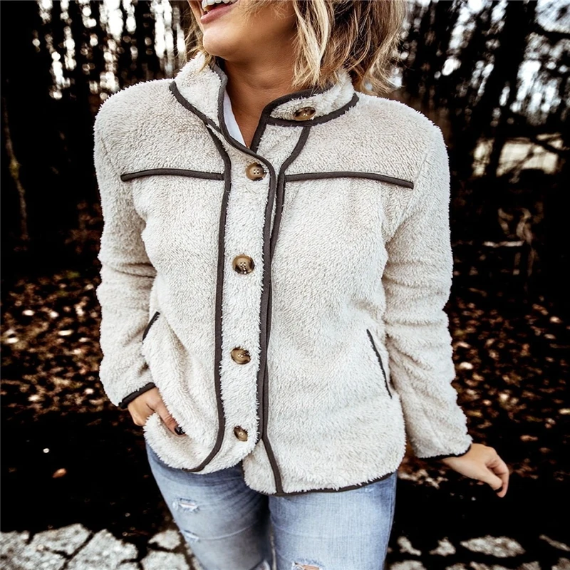 

European Winter Women Jacket 2020 New Fashion Casual terry fleece Fashion stand-up collar Stitching Button Parka Woman M262
