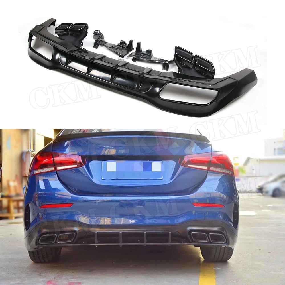 

PP Black Rear Diffuser For Mercedes Benz A Class W177 A180 A200 A250 A35 2019 2020 304 Stainless Steel 4 Outlet Exhaust Tips