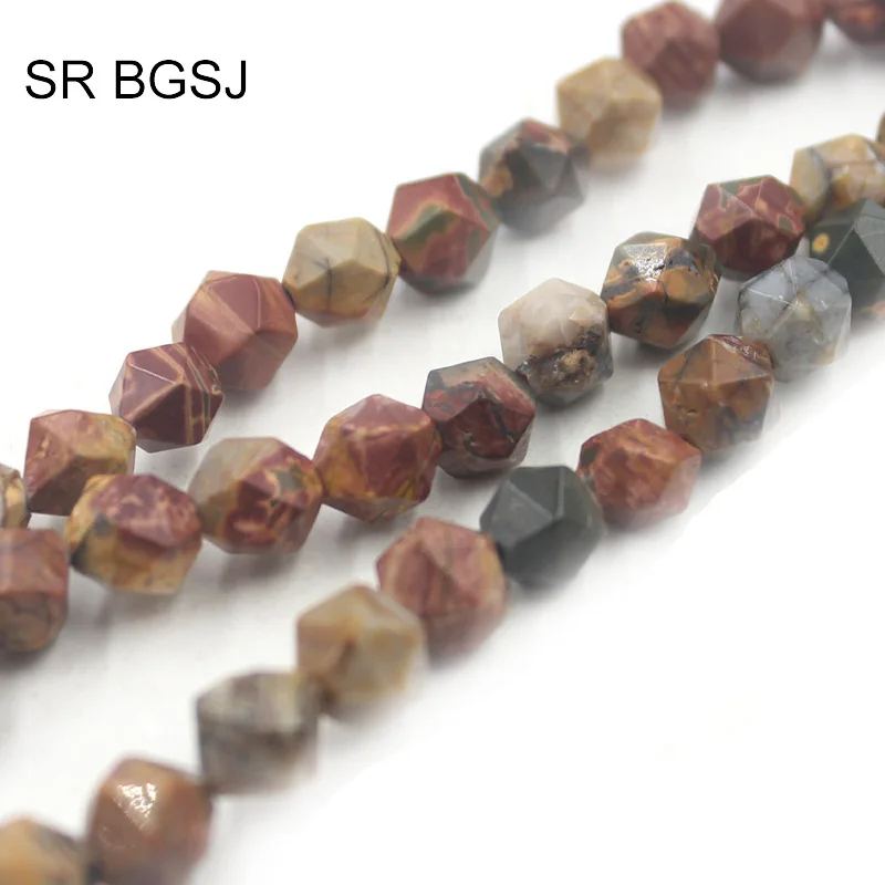 

Free Ship 6-10 mm Faceted Round Polygonal Natural Gemstone Jewelry Stone Picasso Jasper DIY Beads Strand 15"