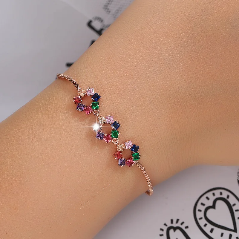 

Luxury Female Crystal Flower Bracelet Rose Gold Silver Color Bracelets For Women Cute Rainbow Zircon Stone Party Chain Bracelet