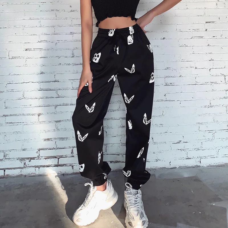 

2021 Women's Pants Butterfly Printed High Waist Loose Black Trousers