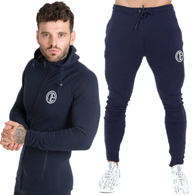 Navy blue (Sets) Mens Running Sportswear Sets Sweatshirt Sweatpants Gym Fitness Bodybuilding Hoodies Tops Pants Male Jogging Workout Tracksuits - Color: Navy blue (Sets)