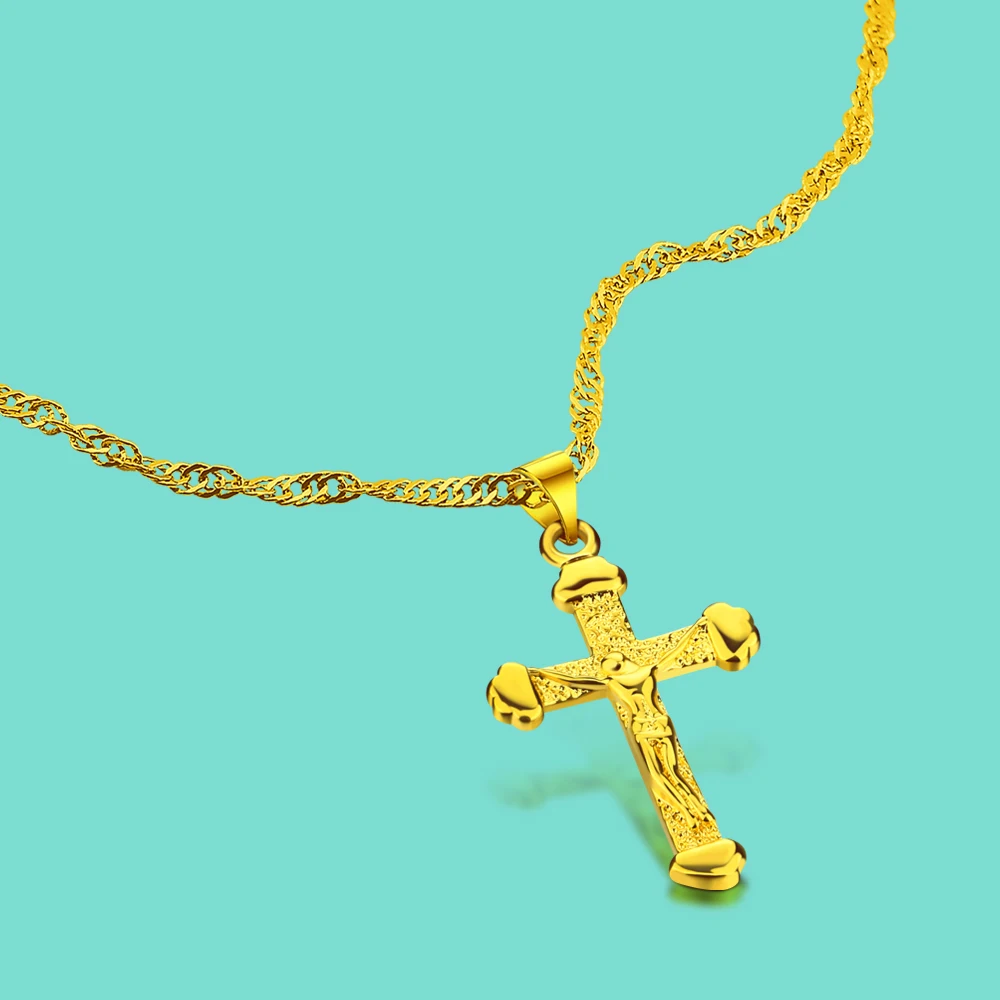 

Vintage Religious Jewelry 925 Silver Cross Pendant Necklace Filled Christian Jesus Simple Surface 24K Gold Accessory Chain Party