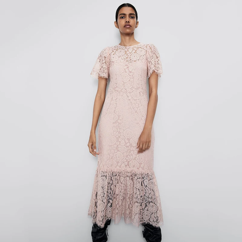 Женское многослойное кружевное платье ZA элегантное милое однотонное с круглым