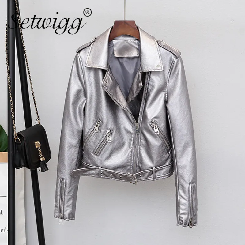 Женские металлические куртки из полиуретановой кожи серебристые Мотоциклетные