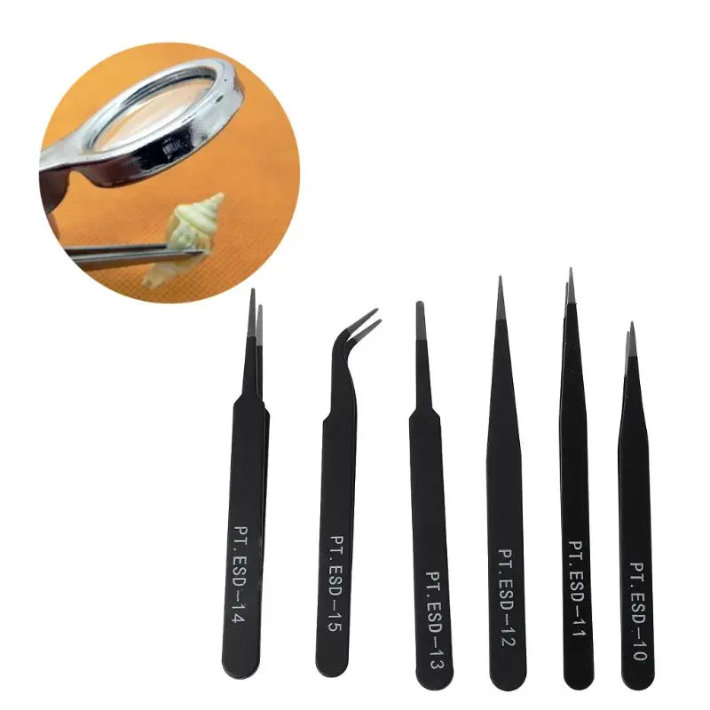 

6Pcs Resists Corrosion Safe Anti-static Tweezers Maintenance Tools ESD10-15 New
