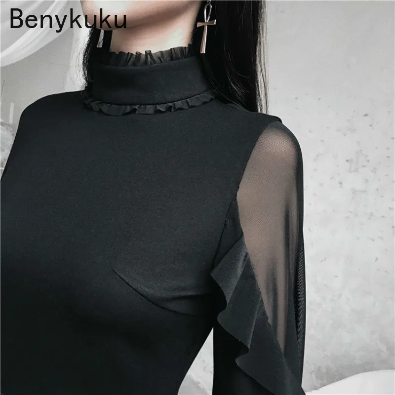 

Women Gothic Punk Mini Dress Spring Autumn Ruffles See Though Mesh Long Sleeve Sexy Black Dress Female Fashion Slim Dresses